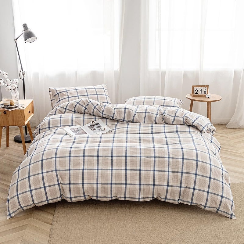 FACE TWO FACE Bedding Duvet Cover Set 3 Pieces 100% Washed Cotton Duvet Cover Linen Like Textured Breathable Durable Soft Comfy(King, Blue Grid) - Image 1